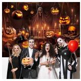 Horror Halloween Backdrop Scary Skeleton Pumpkin Lantern Haunted House Background Kids Adult Spooky Birthday Party Decorations Banner Supplies (7x5FT)