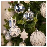 100PCS Christmas Ornaments Set Silver & White   Shatterproof Xmas Tree Decorations Balls Kit with Tree Topper Star, Tinsel Garland, Hanging Baubles for Holiday Party D cor Indoor Outdoor