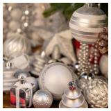 100PCS Christmas Ornaments Set Silver & White   Shatterproof Xmas Tree Decorations Balls Kit with Tree Topper Star, Tinsel Garland, Hanging Baubles for Holiday Party D cor Indoor Outdoor