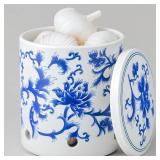 Blue & White Floral Ceramic Garlic Keeper Jar   30oz Garlic Storage Container with Lid, Countertop Garlic Holder, Pottery Garlic Keeper for Kitchen Decor