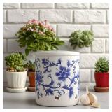 Blue & White Floral Ceramic Garlic Keeper Jar   30oz Garlic Storage Container with Lid, Countertop Garlic Holder, Pottery Garlic Keeper for Kitchen Decor