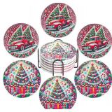 Christmas Ceramic Coasters Set of 6 with Metal Holder   2 Festive Designs (Red Truck & Christmas Tree)   Holiday Drink Coasters for Home, Kitchen, or Gift