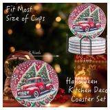 Christmas Ceramic Coasters Set of 6 with Metal Holder   2 Festive Designs (Red Truck & Christmas Tree)   Holiday Drink Coasters for Home, Kitchen, or Gift