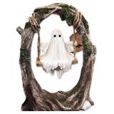 2025 Cute Spooky Halloween Decor - Ghost on a Tree Swing, Ghost Figurine & Ornament for Indoor Outdoor Porch, Garden, Patio, Lawn, Desktop, Bookshelf Decorations