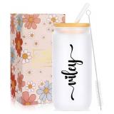 Riley Personalized Name Gifts for Women, Coworker Teacher Gifts for Women, Christmas Mothers Day Birthday Gifts for Mom Grandma Daughter Sister 16 Oz Can Glass Cups with Lids And Straws