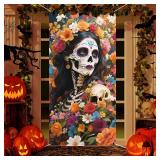 Day of The Dead Door Cover,Dia De Los Muertos Porch Sign Banner Gothic Halloween Sugar Skull Rose Flowers Backdrop Mexican Fiesta Party Decorations and Supplies for Home House Outdoor Decor