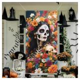 Day of The Dead Door Cover,Dia De Los Muertos Porch Sign Banner Gothic Halloween Sugar Skull Rose Flowers Backdrop Mexican Fiesta Party Decorations and Supplies for Home House Outdoor Decor