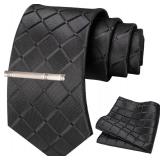 JEMYGINS Solid Color Mens Plaid Tie and Pocket Square with Tie Clip Sets Dark Blue