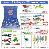 Fishing Advent Calendar 2025, 24 Days of Surprise with 27Pcs Fishing Lures Set for Men Teen Boys Dad Christmas Countdown