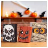 Halloween Decorations Indoor - 3 PCS Wooden Ghost Halloween Signs Blocks for Table, Office, Tiered Tray, Fireplace Mantle