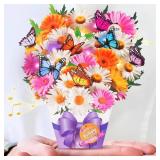 Lot Of 3 Mini Birthday Cards, Birthday Gift Card with Music and Light, Flower Bouquet 3D Card with Butterflies for Mom, Women, Wife (Butterfly & Daisy)