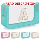 Personalized Initial Clear Makeup Bag, Travel Chenille Patch Cosmetic Bag, Preppy Toiletry Bag Monogram Cosmetic Pouch with Zipper, Ideal Gift for Teen Girls Women (Clear-Green, Y)