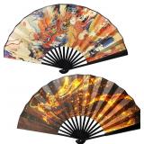 Folding Fan Hand Hand Fan - 2PC 13' Hand Fans for Women Foldable,Chinese Vintage Dragon Folding Bamboo Bone Hand Fan, Silk Cloth Large Folding Rave Fan for Festival Dance Club Circuit Parties (Black)