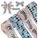 Whaline 30 Yards Fall Thanksgiving Wired Edge Ribbon Vintage Blue Pumpkin Craft Ribbon Plaids Pumpkin Truck Welcome Gift Wrapping Ribbons for Farmhouse DIY Floral Bow, 4 Rolls, 2 Inch