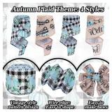 Whaline 30 Yards Fall Thanksgiving Wired Edge Ribbon Vintage Blue Pumpkin Craft Ribbon Plaids Pumpkin Truck Welcome Gift Wrapping Ribbons for Farmhouse DIY Floral Bow, 4 Rolls, 2 Inch