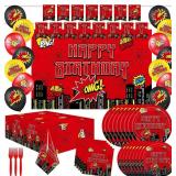 Spider Birthday Party Supplies, Superhero Cityscape Decorations with Comic Expressions, Includes Banner, Plates, Napkins, Tablecloth, Backdrop (Serves 20 Guests)