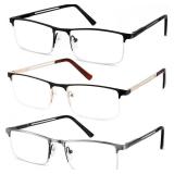 JJWELL 3 Pack Mens Reading Glasses Blue Light Blocking, Metal Rectangle Semi Rimless Readers for Men, Anti Eyestrain/Computer Glare/UV, Half Frame Spring Hinge Eyeglasses with Pouches(1.75)