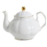 PRECITIME 27oz White Porcelain Teapot with Gold Trim, Classic Ceramic Teapot for Loose Leaf Tea & Tea Bags, Elegant Small Teapots for Daily Use or Gifts