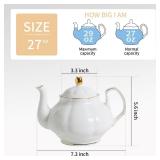 PRECITIME 27oz White Porcelain Teapot with Gold Trim, Classic Ceramic Teapot for Loose Leaf Tea & Tea Bags, Elegant Small Teapots for Daily Use or Gifts
