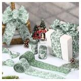 Lyrow 6 Rolls Chinoiserie Ribbon Sage Green Wired Edge Floral Ribbon Botanical Floral Flower Pattern Fabric Craft Wreath Bow Wrapping 2.52 Inches by 5 Yards