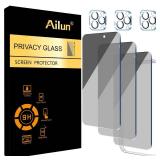 Ailun 3Pack Privacy Screen Protector for iPhone 15 Pro Max [6.7 inch]+3Pack Camera Lens Protector with Installation Frame,Dynamic Island Compatible,Anti Spy Tempered Glass[9H Hardness]-HD