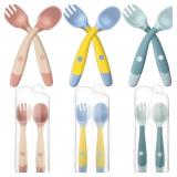 Toddler Utensils Baby Spoons and Forks Set with Case Bendable Self Feeding Training Flatware Silicone Spoon Fork for Kids Babies Children Handle Toddler Set, Green, Pink, Yellow (3 Sets)