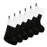 FOIMAS 6pcs Christmas Stockings,18 inch Black Plush Christmas Hanging Stockings with White Cuff for Fireplace Christmas Tree Home Decoration