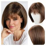 RENERSHOW Short Brown Bob Wigs for Women Brown Mixed Blonde Synthetic Wig with Bangs 10inch Average Size Natural Looking Daily Party Wig