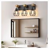 3-Light Farmhouse Bathroom Vanity Light Fixtures, Wood Bathroom Light Fixtures Over Mirror, Rustic Sconces Wall Lighting with Elegant Metal Lampshade for Living Room, Bedroom, Hallway