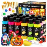 40 Pcs Acrylic Paint Set - 24 Colors (2oz/60ml) with 12 Brushes, 2 Knives & Palette - Rich Pigments for Adult, Artists & Beginners - Painting on Halloween Pumpkin Canvas Ceramic Rock Wood