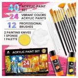 40 Pcs Acrylic Paint Set - 24 Colors (2oz/60ml) with 12 Brushes, 2 Knives & Palette - Rich Pigments for Adult, Artists & Beginners - Painting on Halloween Pumpkin Canvas Ceramic Rock Wood