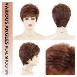 SEVENCOLORS Short Auburn Pixie Cut Wigs for White Women Synthetic Mixed Brown Wigs with Bangs Natural Layered Short Hair Wigs for Women
