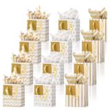 Tenare 12 Pcs Small Gift Bags Mini Metallic Paper Bag Bulk Tiny with Handle Tissue Paper for Gift Wrapping St. Patrick's Day Happy Easter Spring Birthday Party(4 x 2.75 x 4.5 Inch,White Gold)