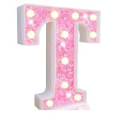 Pooqla LED Marquee Letter Lights, Pink Glitter Light Up Letters Alphabet Sign Battery Powered Night Light, Birthday Party Wedding Girls Gifts, Christmas Room Dorm Bedroom Decoration, Pink Letter T