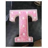 Pooqla LED Marquee Letter Lights, Pink Glitter Light Up Letters Alphabet Sign Battery Powered Night Light, Birthday Party Wedding Girls Gifts, Christmas Room Dorm Bedroom Decoration, Pink Letter T