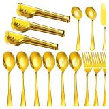 Serving Utensils, 15 Pcs Stainless Steel Large Flatware Serving Tools Kit, Included Spoons, Forks, Tongs, Slotted Spoon, Ladle, Cake Server for Kitchen Catering Banquet Wedding Buffet Party, Gold