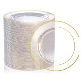 FOCUSLINE 7 Inch Small Clear Gold Plastic Plates 100 Count, Disposable Heavy Duty Clear Plates with Gold Rim, Premium Hard Plastic Plate Fancy Disposable Salad Plate for Wedding Parties
