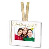 Elanze Designs 2025 Christmas Memory Ornament -White Wood with Gold Accents- Display Family Photos, Holiday Keepsake- Picture Frame Decoration for Tree, Holiday Gift