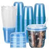 MOQRUAO 100 Sets 12oz Disposable Stemless Plastic Cups with Strawless Sip Lids, Clear PET Coffee Cups for Iced Coffee, Cold Drinks, Halloween, Christmas, Party and Drink Shop Supplies (Blue(12oz))