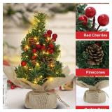 12 Inch Mini Tabletop Christmas Tree with Timer Lights, Artificial Christmas Trees with Pinecones Red Berries Xmas Tree for Home Office Fireplace Christmas Ornaments