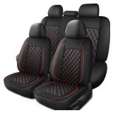 HChengkikz Car Seat Covers Full Set, Breathable and Waterproof Napa Leather Car Seat Cover, Interior Universal Fit for Cars, Sedans, SUVs, Vans, Trucks (Full Seat, Black + Red)