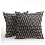 Kawani Vintage Pillow Covers 18x18 Inch Set of 2 Black Floral Block Print Outdoor Decorative Throw Pillows Neutral Pattern Pillowcases Square Cushion Covers for Couch Home Decor