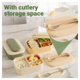 Silicone Bento Box Lunch Box for Adults, Lunch Food Container with 3 Compartment, BPA-Free and Leakproof, Microwave & Dishwasher Safe (Green)