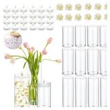 PNJHDZ Set of 12 Glass Cylinder Vases for Centerpieces with 8 Pack Vase filler 12 Pearl String 24 White Floating Candles for Centerpieces, Table Center pieces for Wedding Party Home Decor 5, 6, 8 Inch