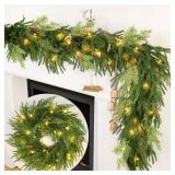 Prelit & Timer - 6 Ft by 12 Inch Christmas Garland with Lights, Real Touch Norfolk Pine Garlands Cedar Garland Artificial Realistic Soft Thickness 120 Pine Cypress Tips for Mantle Table Stairs Railing