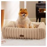 Bedsure ComfyFleece Cute Dog Bed for Small Medium Dogs - Washable Furry Puppy Beds, Rectangle Orthopedic Corduroy Fleece Pet Beds with Removable Zipper Cover, 25x21x7inches,Sandy Beige
