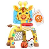 Move2Play, Giraffe Basketball Hoop & Soccer Goal Activity Center | 30+ Sounds & Songs + 5 Lights | 1 2 3 Year Old Birthday Gift for Boys and Girls | Toy for Baby & Toddlers (Yellow)