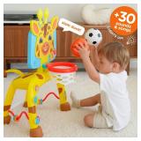 Move2Play, Giraffe Basketball Hoop & Soccer Goal Activity Center | 30+ Sounds & Songs + 5 Lights | 1 2 3 Year Old Birthday Gift for Boys and Girls | Toy for Baby & Toddlers (Yellow)