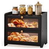 JANSNIMEN Double Layer Bread Box for Kitchen Countertop, Large Breadbox Bread Container Storage with Acrylic Door, Wooden Farmhouse Bread Holder (Blaeck, Medim-15.7\" L x 9.5\" W x 13\" H)