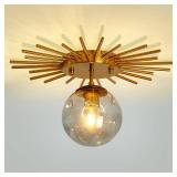 UOFUS Gold Sunburst Semi Flush Mount Ceiling Light Fixture with Glass Globe 1-Light Small Chandelier Farmhouse Ceiling Lamp for Hallway Stairwell Foyer Office Entryway